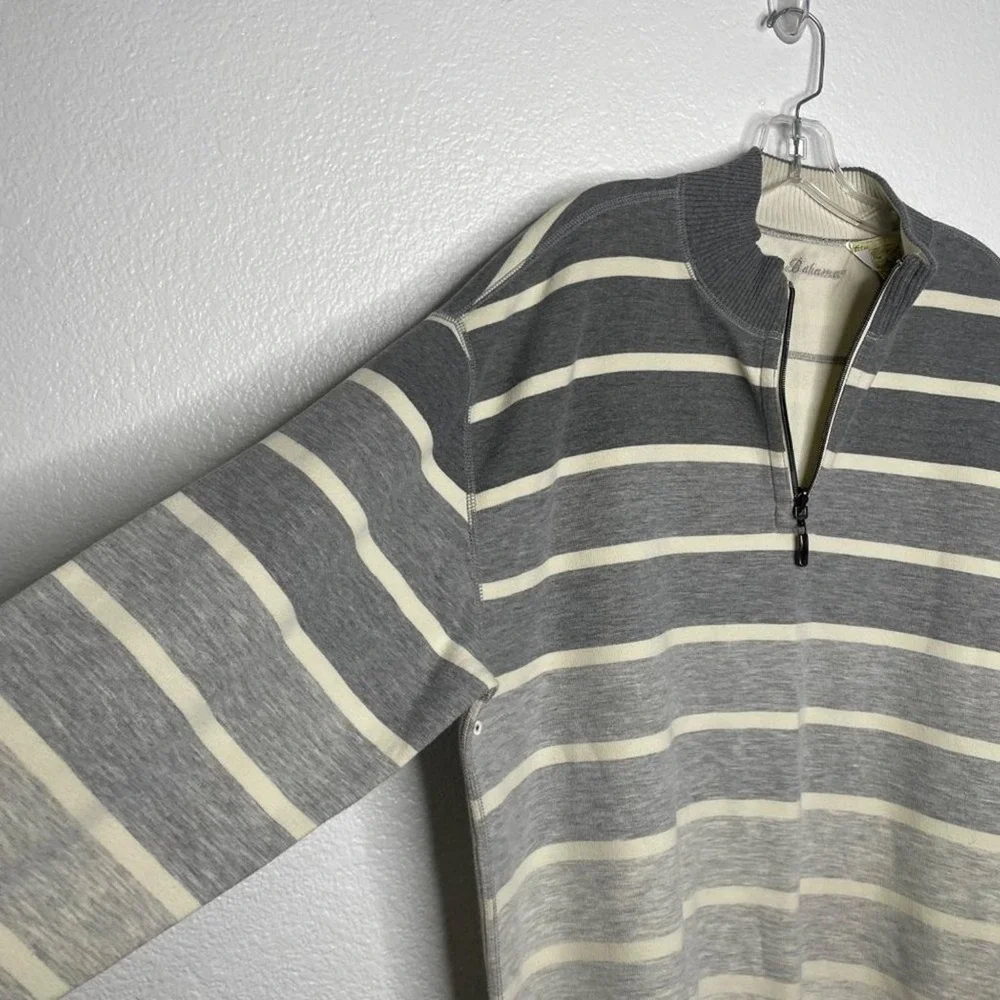 Tommy Bahama Mens Large Grey Striped Quarter Zip Pullover Sweater Cotton Blend